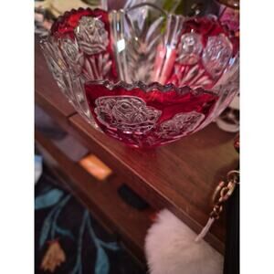 Vintage Anna Hutt We Belaruskali Ruby Red 24% Lead Crystal Bowl with Rose...
